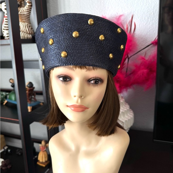 Vintage Accessories - Vintage Navy Blue and Gold Studded Women's Hat